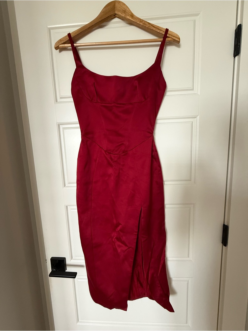 House of CB: Elegant Red Satin Slip Dress with Front Slit